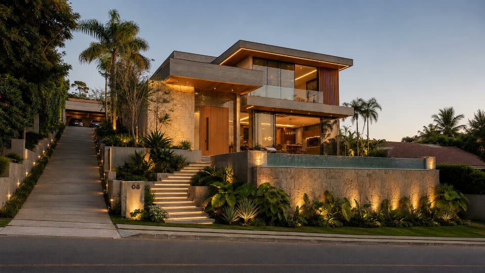 Residência contemporânea ao entardecer